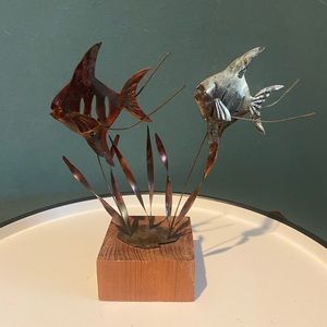 1960s Vintage Metal MCM Fish Sea Sculpture On Wood Block